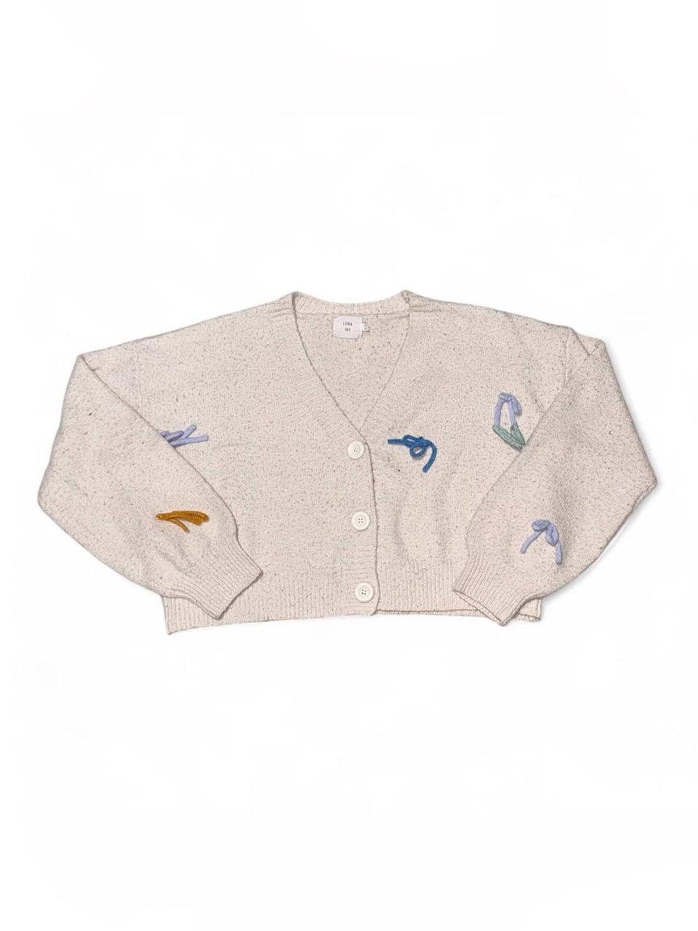Luna Ivy Oatmeal Flecked Knit Cardigan Sweater Womens XS Embroidered Bows Crop